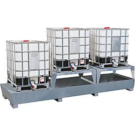 IBC-Station ASECOS, Stahl, mit Gitterrost, 2 Abfüllböcken u. Staplerschuhen, 1000 l Auffangvolumen, B 3280 x T 1300 x H 820 mm, lackiert o. verzinkt