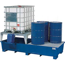 IBC-Station ASECOS, Stahl, mit Gitterrost, Abfüllblock u. Staplerschuhen, 1000 l Auffangvolumen, B 2680 x T 1300 x H 950 mm, lackiert o. verzinkt
