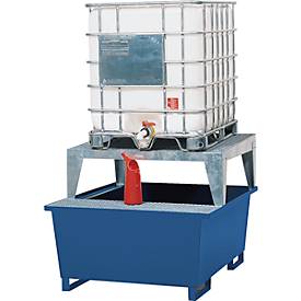 IBC-Station ASECOS, Stahl, mit Gitterrost, Abfüllblock u. Staplerschuhen, B 1350 x T 1650 x H 1180 mm, lackiert o. verzinkt