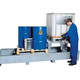 IBC-Station ASECOS, Stahl, mit Gitterrost, Abfüllblock u. Staplerschuhen, 1000 l Auffangvolumen, B 3280 x T 1300 x H 820 mm, lackiert o. verzinkt