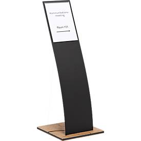Infoständer, Segelform, für Dokumente bis A4, 360 x T 360 x H 960 mm, Hirnholz-Eiche/Acrylglas, schwarz-matt