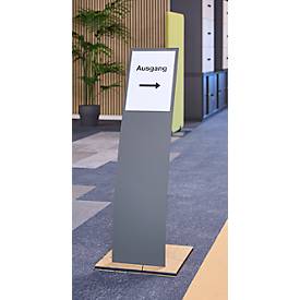 Infoständer, Segelform, für Dokumente bis A4, B 360 x T 360 x H 960 mm, Hirnholz-Eiche/Acrylglas, grau-matt