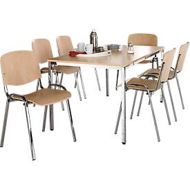 Juego económico de sillas apilables ISO Wood, apilables hasta 10 piezas, madera de haya, dimensiones del asiento W 475 x D 415 x H 460 mm, 6 piezas + mesa de conferencias, decoración de haya, W 1600 x D 800 mm