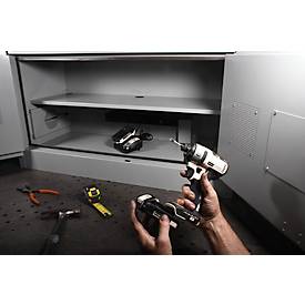 Justrite Akku-Ladeschrank, für Lithium-Ionen-Akkus, abschließbar, mit Belüftung, Stahl, B 1092 x T 457 x H 610 mm, grau