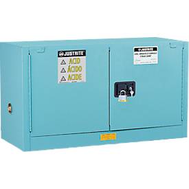 Justrite FM-Chemikalienschrank Piggyback Sure-Grip® EX, für Ätzmittel, bis 45 Liter, manuell schließende Türen, blau