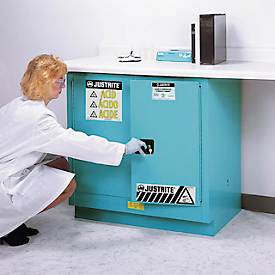 Justrite FM-Chemikalienschrank Undercounter Sure-Grip® EX, für Ätzmittel, bis 83 Liter, manuell oder selbstschließende Türen, blau