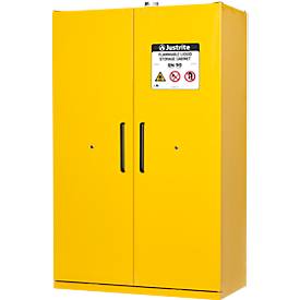 Justrite Sicherheitsschrank EN 90, Auffangwanne, 3 Fachböden, 2-Türen, H 2070 x B 1200 x T 600 mm, gelb