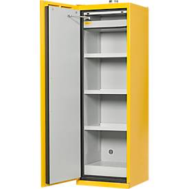 Justrite Sicherheitsschrank EN 90, Auffangwanne, 3 Fachböden, H 2070 x B 600 x T 600 mm, gelb