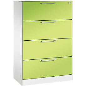 Karteikartenschrank, 2-bahnig DIN A4 quer, 4 Schübe mit Vollauszug & Bügelgriffen, Zentralverschluss, B 800 x T 435 x H 1298 mm, weiß/viridingrün