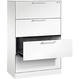 Karteikartenschrank, 2-bahnig DIN A4 quer, 4 Schübe mit Vollauszug & Bügelgriffen, Zentralverschluss, B 800 x T 435 x H 1298 mm, weiß/weiß