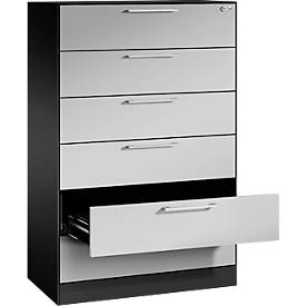 Karteikartenschrank, 3-bahnig DIN A5 quer, 6 Schübe mit Vollauszug & Bügelgriffen, Zentralverschluss, B 800 x T 435 x H 1298 mm, schwarzgrau/alusilber