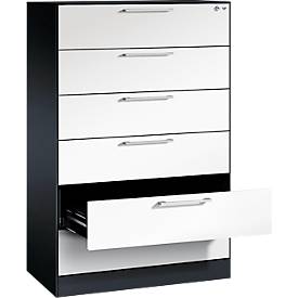 Karteikartenschrank, 3-bahnig DIN A5 quer, 6 Schübe mit Vollauszug & Bügelgriffen, Zentralverschluss, B 800 x T 435 x H 1298 mm, schwarzgrau/weiß
