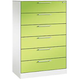Karteikartenschrank, 3-bahnig DIN A5 quer, 6 Schübe mit Vollauszug & Bügelgriffen, Zentralverschluss, B 800 x T 435 x H 1298 mm, weiß/viridingrün
