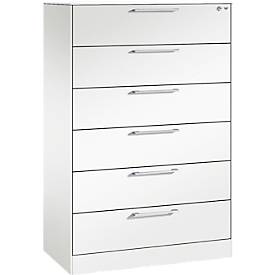 Karteikartenschrank, 3-bahnig DIN A5 quer, 6 Schübe mit Vollauszug & Bügelgriffen, Zentralverschluss, B 800 x T 435 x H 1298 mm, weiß/weiß