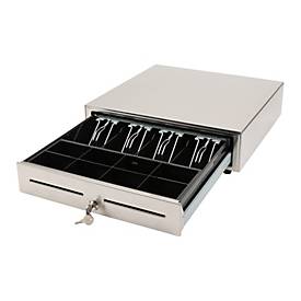 Kassenschublade Olympia LD 410S, 8 Münzfächer und 4 Geldscheinfächer, RJ12, abschließbar, Edelstahl, silber