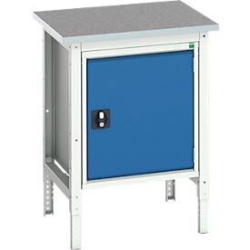 Kastenwerkbank Bott verso, Linoleum-Platte, 1 Tür, 1 Ablageboden, B 700 x T 600 x H 780 - 930 mm, Lichtgrau / Enzianblau