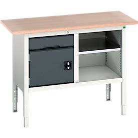 Kastenwerkbank Bott verso, mit Multiplex-Platte, 1 Schublade & 1 Ablageboden & 1 Tür, B 1250 x T 600 x H 830 - 930 mm, Lichtgrau / Anthrazitgrau
