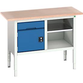 Kastenwerkbank Bott verso, mit Multiplex-Platte, 1 Schublade & 1 Ablageboden & 1 Tür, B 1250 x T 600 x H 830 - 930 mm, Lichtgrau / Enzianblau