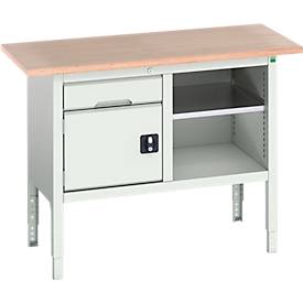 Kastenwerkbank Bott verso, mit Multiplex-Platte, 1 Schublade & 1 Ablageboden & 1 Tür, B 1250 x T 600 x H 830 - 930 mm, Lichtgrau