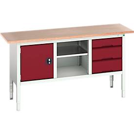 Kastenwerkbank Bott verso, mit Multiplex-Platte, 3 Schubladen & 1 Ablageboden & 1 Tür, B 1750 x T 600 x H 830 - 930 mm, RAL 7035 Lichtgrau / RAL 3004 Purpurrot