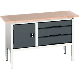 Kastenwerkbank Bott verso, mit Multiplex-Platte, 3 Schubladen & 1 Tür, B 1500 x T 600 x H 830 - 930 mm, Lichtgrau RAL 7035 / Anthrazitgrau RAL 7016