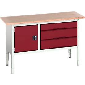 Kastenwerkbank Bott verso, mit Multiplex-Platte, 3 Schubladen & 1 Tür, B 1500 x T 600 x H 830 - 930 mm, Lichtgrau RAL 7035 / Purpurrot RAL 3004