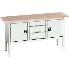 Kastenwerkbank Bott verso, mit Multiplex-Platte, 3 Schubladen & 2 Türen, B 1750 x T 600 x H 830 - 930 mm, RAL 7035 Lichtgrau