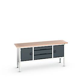 Kastenwerkbank Bott verso, mit Multiplex-Platte, 3 Schubladen & 2 Türen, B 2000 x T 600 x H 830 - 930 mm, Lichtgrau RAL 7035 / Anthrazitgrau RAL 7016