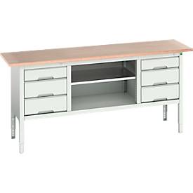 Kastenwerkbank Bott verso, mit Multiplex-Platte, 6 Schubladen & 1 Ablageboden, B 2000 x T 600 x H 830 - 930 mm, RAL 7035 Lichtgrau