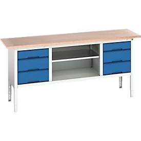 Kastenwerkbank Bott verso, mit Multiplex-Platte, 6 Schubladen & 1 Ablageboden, B 2000 x T 600 x H 830 - 930 mm, RAL 7035 Lichtgrau / RAL 5010 Enzianblau