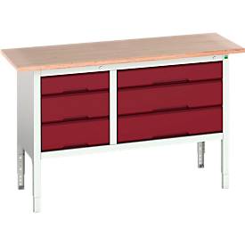 Kastenwerkbank Bott verso, mit Multiplex-Platte, 6 Schubladen, B 1500 x T 600 x H 830 - 930 mm, Lichtgrau RAL 7035/ Purpurrot RAL 3004