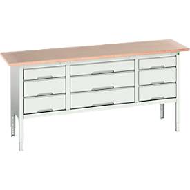Kastenwerkbank Bott verso, mit Multiplex-Platte, 9 Schubladen, B 2000 x T 600 x H 830 - 930 mm, Lichtgrau RAL 7035