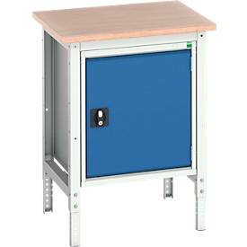 Kastenwerkbank Bott verso, Multiplex-Platte, 1 Tür, 1 Ablageboden, B 700 x T 600 x H 780 - 930 mm, Lichtgrau / Enzianblau