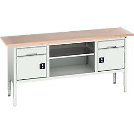 Kastenwerkbank Bott verso, Multiplex-Platte, 2 Schubladen, 2 Türen, 1 Ablageboden, B 2000 x T 600 x H 830 - 930 mm, Lichtgrau