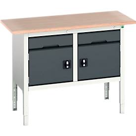 Kastenwerkbank Bott verso, Multiplex-Platte, 2 Schubladen und 2 Türen, B 1500 x T 600 x H 830 - 930 mm, RAL 7035 Lichtgrau / Anthrazitgrau