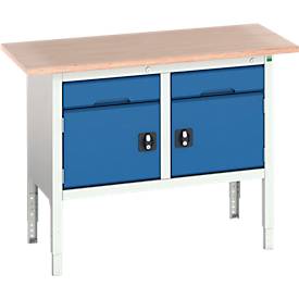 Kastenwerkbank Bott verso, Multiplex-Platte, 2 Schubladen und 2 Türen, B 1500 x T 600 x H 830 - 930 mm, RAL 7035 Lichtgrau / Enzianblau