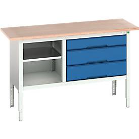 Kastenwerkbank Bott verso, Multiplex-Platte, 3 Schubladen & 1 Ablageboden, B 1500 x T 600 x H 830 - 930 mm, RAL 7035 Lichtgrau / Enzianblau