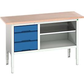 Kastenwerkbank Bott verso, Multiplex-Platte, 3 Schubladen & 1 Ablageboden, B 1500 x T 600 x H 830 - 930 mm, RAL 7035 Lichtgrau / Enzianblau