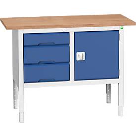 Kastenwerkbank Bott verso, Multiplex-Platte, 3 Schubladen & 1 Tür, B 1250 x T 600 x H 830 - 930 mm, RAL 7035 Lichtgrau / Enzianblau