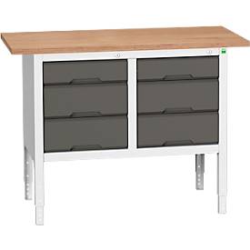 Kastenwerkbank Bott verso, Multiplex-Platte, 6 Schubladen, B 1250 x T 600 x H 830 - 930 mm, RAL 7035 Lichtgrau / Anthrazitgrau