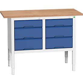 Kastenwerkbank Bott verso, Multiplex-Platte, 6 Schubladen, B 1250 x T 600 x H 830 - 930 mm, RAL 7035 Lichtgrau / Enzianblau