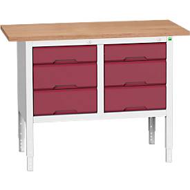 Kastenwerkbank Bott verso, Multiplex-Platte, 6 Schubladen, B 1250 x T 600 x H 830 - 930 mm, RAL 7035 Lichtgrau / Purpurrot