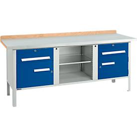 Kastenwerkbank Schäfer Shop Select PW 200-0, Buche Multiplexplatte, mit Stahlabdeckung, bis 750 kg, B 2000 x T 700 x H 840 mm, Enzianblau