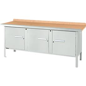 Kastenwerkbank Schäfer Shop Select PW 200-3, Buche Multiplexplatte, mit Stahlkante, bis 750 kg, B 2000 x T 700 x H 840 mm, Lichtgrau