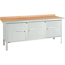 Kastenwerkbank Schäfer Shop Select PW 200-3, Buche Multiplexplatte, mit Stahlkante, bis 750 kg, B 2000 x T 700 x H 840 mm, Lichtgrau