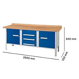 Kastenwerkbank Schäfer Shop Select PW 200-4, Buche Multiplexplatte, bis 750 kg, B 2000 x T 700 x H 840 mm, Enzianblau