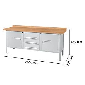 Kastenwerkbank Schäfer Shop Select PW 200-4, Buche Multiplexplatte, bis 750 kg, B 2000 x T 700 x H 840 mm, Weißaluminium