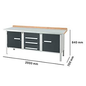 Kastenwerkbank Schäfer Shop Select PW 200-4, Buche Multiplexplatte, mit Stahlabdeckung, bis 750 kg, B 2000 x T 700 x H 840 mm, Anthrazit