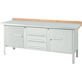 Kastenwerkbank Schäfer Shop Select PW 200-4, Buche Multiplexplatte, mit Stahlabdeckung, bis 750 kg, B 2000 x T 700 x H 840 mm, Lichtgrau