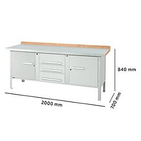 Kastenwerkbank Schäfer Shop Select PW 200-4, Buche Multiplexplatte, mit Stahlabdeckung, bis 750 kg, B 2000 x T 700 x H 840 mm, Lichtgrau